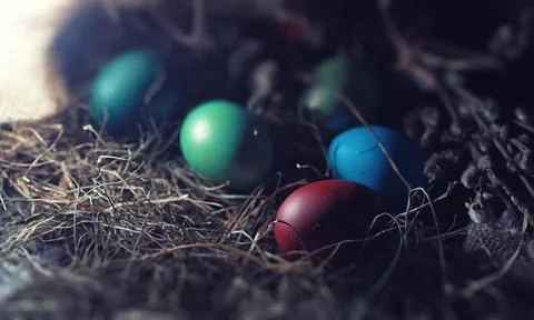 Easter painted eggs on burlap 스톡 사진
