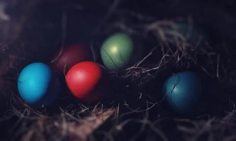 Easter painted eggs on burlap 스톡 사진