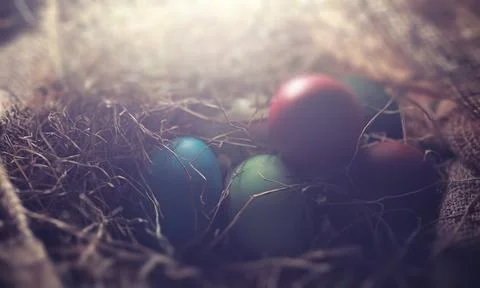 Easter painted eggs on burlap 写真素材
