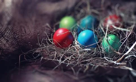 Easter painted eggs on burlap 写真素材