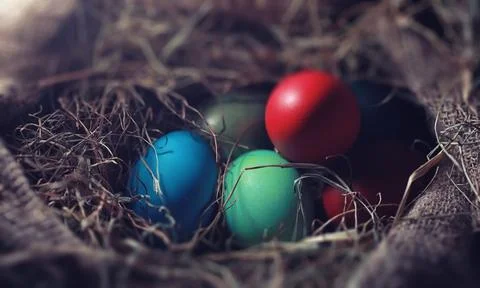 Easter painted eggs on burlap 스톡 사진