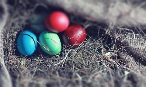 Easter painted eggs on burlap 库存照片