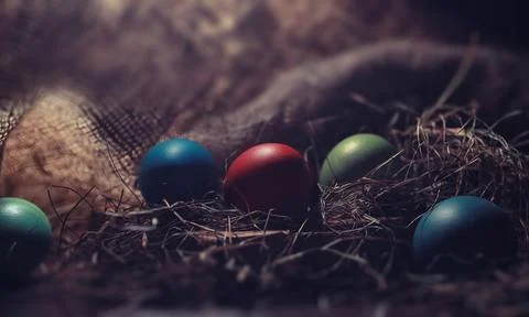 Easter painted eggs on burlap 스톡 사진