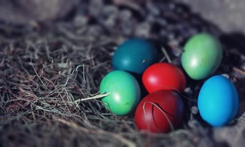 Easter painted eggs on burlap 库存照片