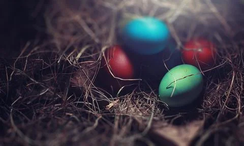 Easter painted eggs on burlap 스톡 사진