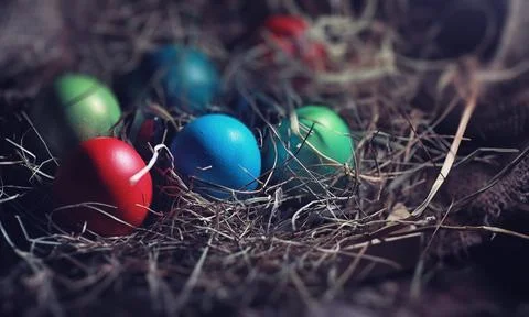 Easter painted eggs on burlap 스톡 사진
