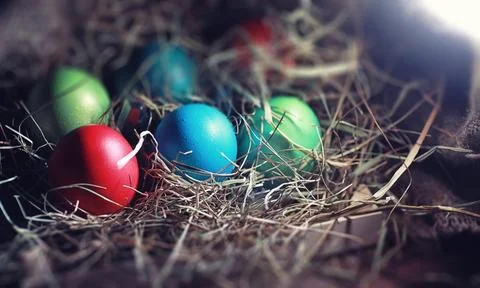 Easter painted eggs on burlap 스톡 사진
