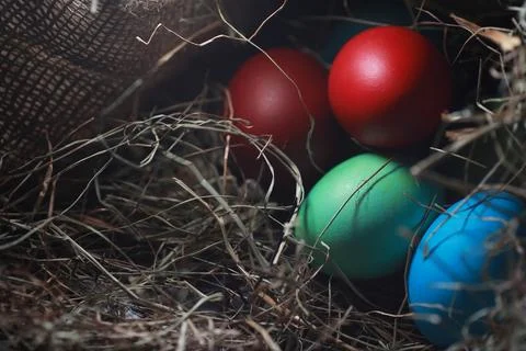 Easter painted eggs on burlap Stock Photos