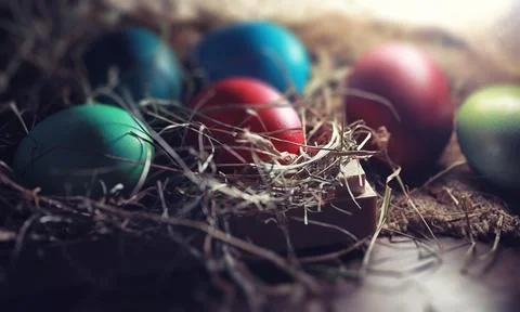 Easter painted eggs on burlap 스톡 사진