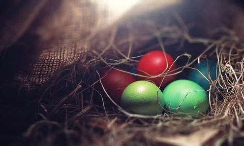 Easter painted eggs on burlap 스톡 사진