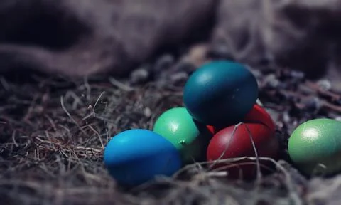 Easter painted eggs on burlap 写真素材