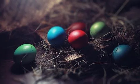 Easter painted eggs on burlap 스톡 사진