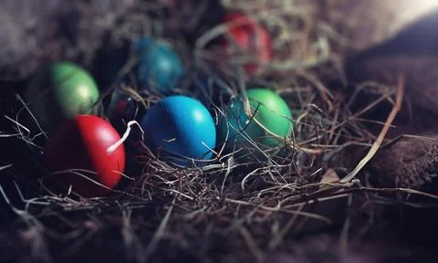 Easter painted eggs on burlap 스톡 사진