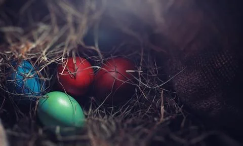 Easter painted eggs on burlap 写真素材