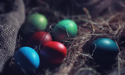 Easter painted eggs on burlap 스톡 사진