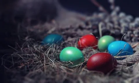 Easter painted eggs on burlap 스톡 사진