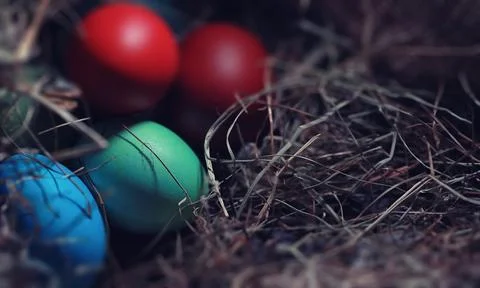 Easter painted eggs on burlap 스톡 사진