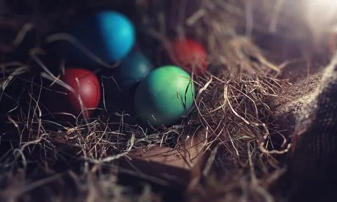 Easter painted eggs on burlap 库存照片