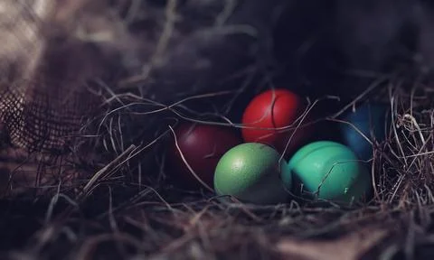 Easter painted eggs on burlap 写真素材