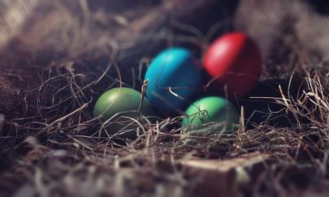 Easter painted eggs on burlap 스톡 사진