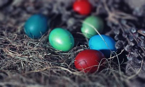 Easter painted eggs on burlap 스톡 사진