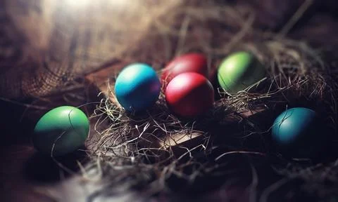 Easter painted eggs on burlap 写真素材