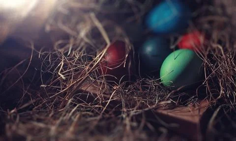 Easter painted eggs on burlap 스톡 사진