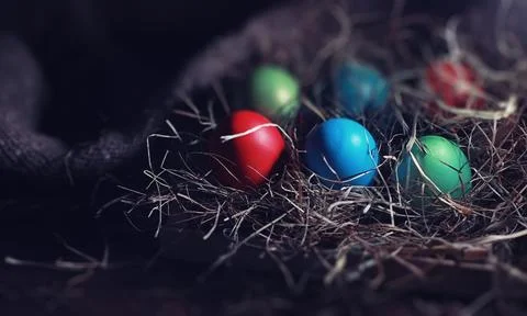 Easter painted eggs on burlap 스톡 사진