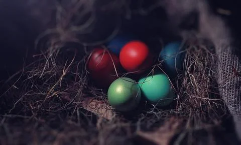 Easter painted eggs on burlap 写真素材
