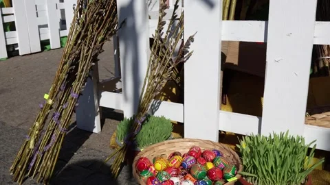 Easter painted eggs with grass and willow Video stock 332331685