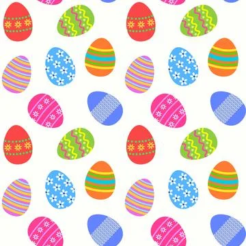 Easter painted eggs scattered on white background seamless vector pattern Illustrazione stock