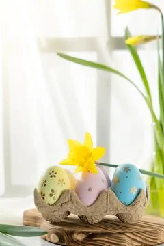 Easter painted eggs on the table, holiday symbol Stock Photos