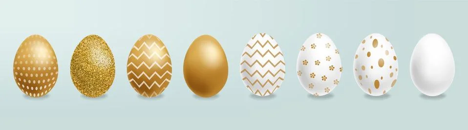 Easter painted golden eggs Vector realistic collection. Abstract ornamented c Stock Illustration