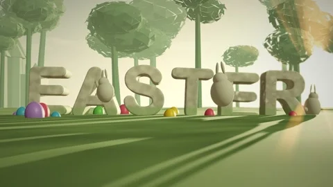 Easter Pale Stone Letters on a Spring Meadow at Sunrise with Painted Eggs and Stock Footage 342367429