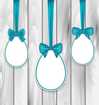 Easter paper eggs wrapping blue bows on wooden grey background Stock Illustration