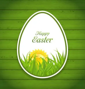 Easter Paper Sticker Egg on Green Wooden Background 스톡 일러스트
