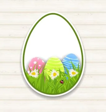 Easter paper sticker eggs with green grass and flowers Stock Illustration