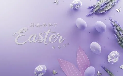 Easter party concept. Top view of easter bunny ears and colorful eggs on pa.. Stock Illustration