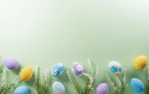 Easter party concept. Top view of easter bunny ears and colorful eggs on pa.. Stock Illustration