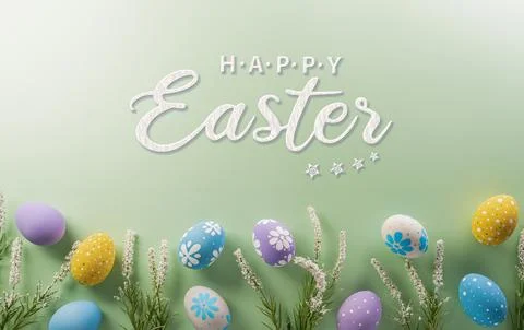 Easter party concept. Top view of easter bunny ears and colorful eggs on pa.. Stock Illustration