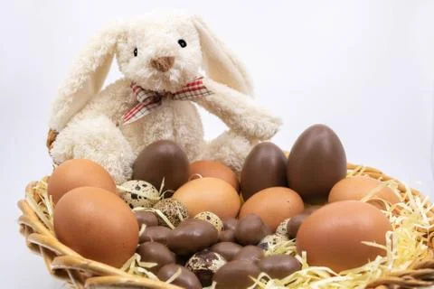 Easter party with Easter bunny and farm eggs Stock Photos