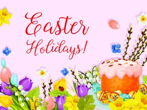 Easter paschal cake egg, willow flower vector card Illustrazione stock