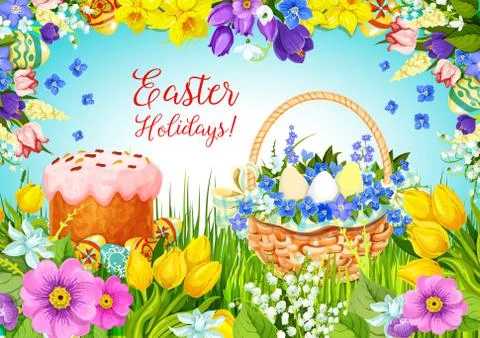 Easter paschal cake, eggs, flowers vector greeting Illustrazione stock
