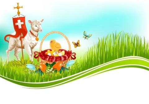 Easter paschal eggs and lamb vector greeting card Stock Illustration