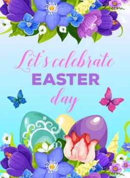 Easter paschal eggs flowers vector greeting poster Stock Illustration