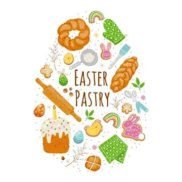 Easter pastry elements in egg form,kitchen utensils,traditional baking goods Stock Illustration