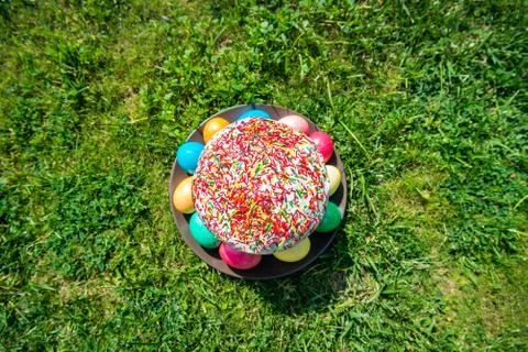 Easter Pastry (Kulich) and easter eggs Stock Photos