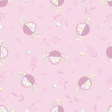 Easter pattern with baskets, with eggs and leaves. Vector. Stock Illustration