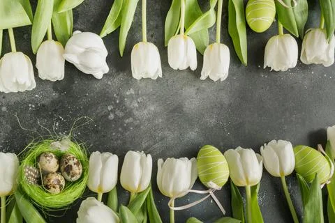 Easter pattern. Border of white tulips, eggs, nest on vintage gray. Foto stock
