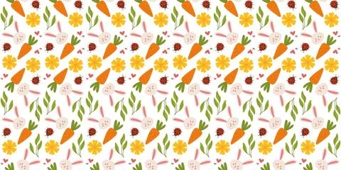Easter pattern with bunnies and flowers in a cute, hand-drawn vector style... Illustrazione stock